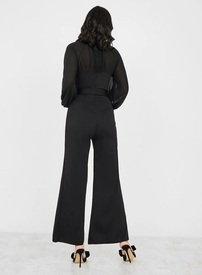 Styli Embellished Buckle Belt Wide Leg Jumpsuit