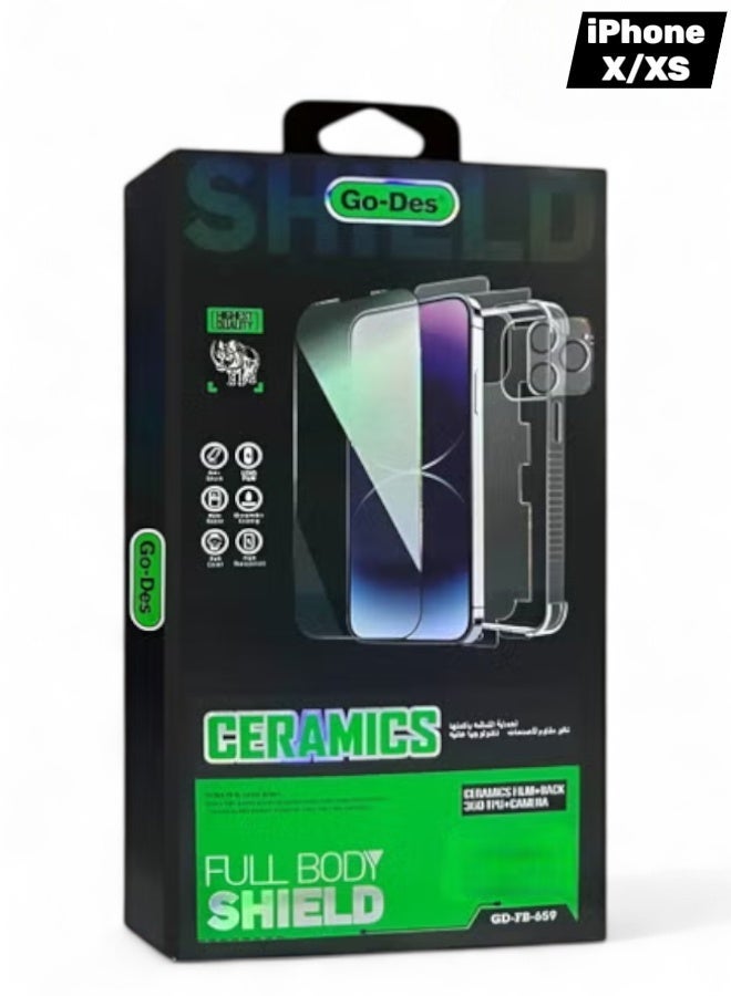 جو-ديز بكج الحماية الكاملة لـ آيفون اكس/ اكس اس (iPhone X/XS) جراب حماية مصنوع من مواد عالية الجودة, حماية الشاشة بوضوح عالي, واقي عدسات الكاميرا, واقي لحماية خلفية الهاتف, حماية قصوى ضد الخدوش والكسر - Image 1