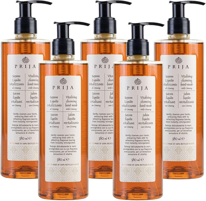 Prija Vitalising Hand Wash with Ginseng Extract Gently Cleanses Hands Moisturising Liquid Hand Soap Vegan Friendly with Energising Fragrance 380ml x 5
