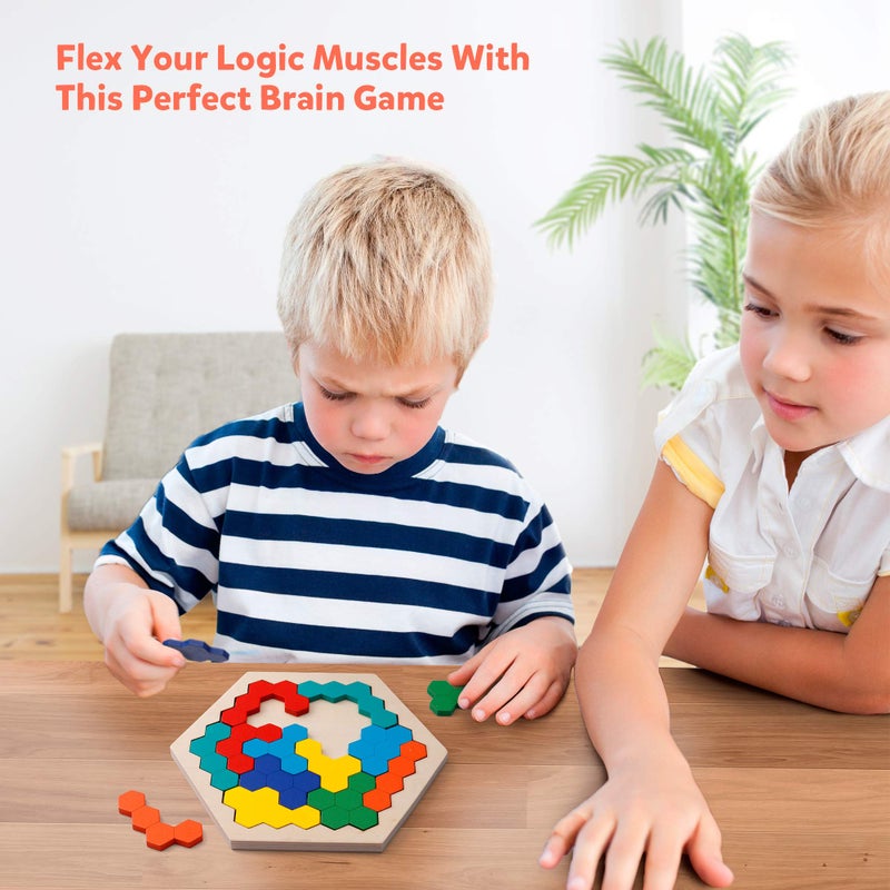 Coogam Wooden Hexagon Puzzle for Kid Adults - Shape Pattern Block Tangram Brain Teaser Toy Geometry Logic IQ Game STEM Montessori Educational Gift for All Ages Challenge - Image 2