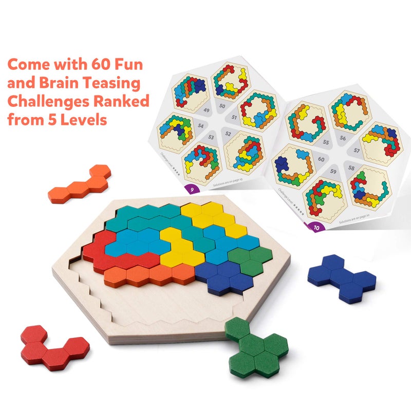 Coogam Wooden Hexagon Puzzle for Kid Adults - Shape Pattern Block Tangram Brain Teaser Toy Geometry Logic IQ Game STEM Montessori Educational Gift for All Ages Challenge - Image 5