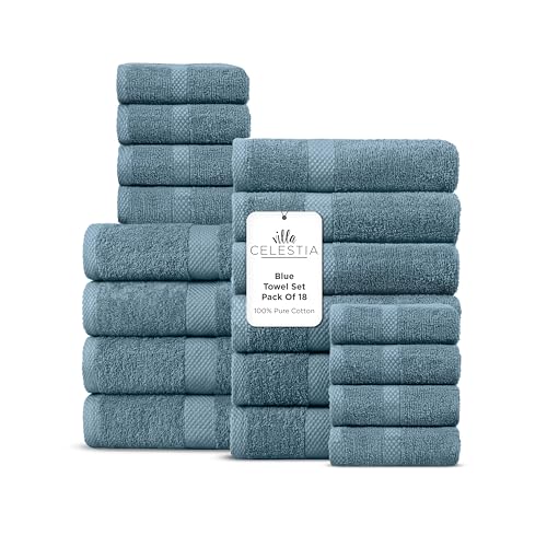 Villa Celestia 100 Cotton Bath Towel Set of 184 Bath Towels 6 Hand Towels 8 Wash Cloths Sustainable Soft Highly Absorbent Combed Cotton 18 Piece Set for Hotels Spa Bathroom Dorm Blue - Image 1