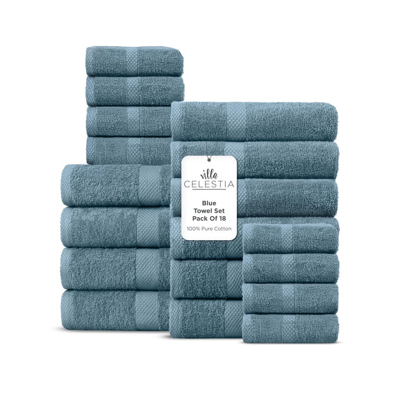 Villa Celestia 100 Cotton Bath Towel Set of 184 Bath Towels 6 Hand Towels 8 Wash Cloths Sustainable Soft Highly Absorbent Combed Cotton 18 Piece Set for Hotels Spa Bathroom Dorm Blue - Image 2
