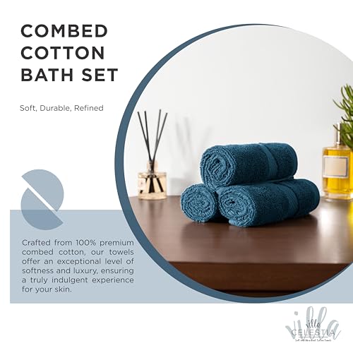 Villa Celestia 100 Cotton Bath Towel Set of 184 Bath Towels 6 Hand Towels 8 Wash Cloths Sustainable Soft Highly Absorbent Combed Cotton 18 Piece Set for Hotels Spa Bathroom Dorm Blue - Image 3