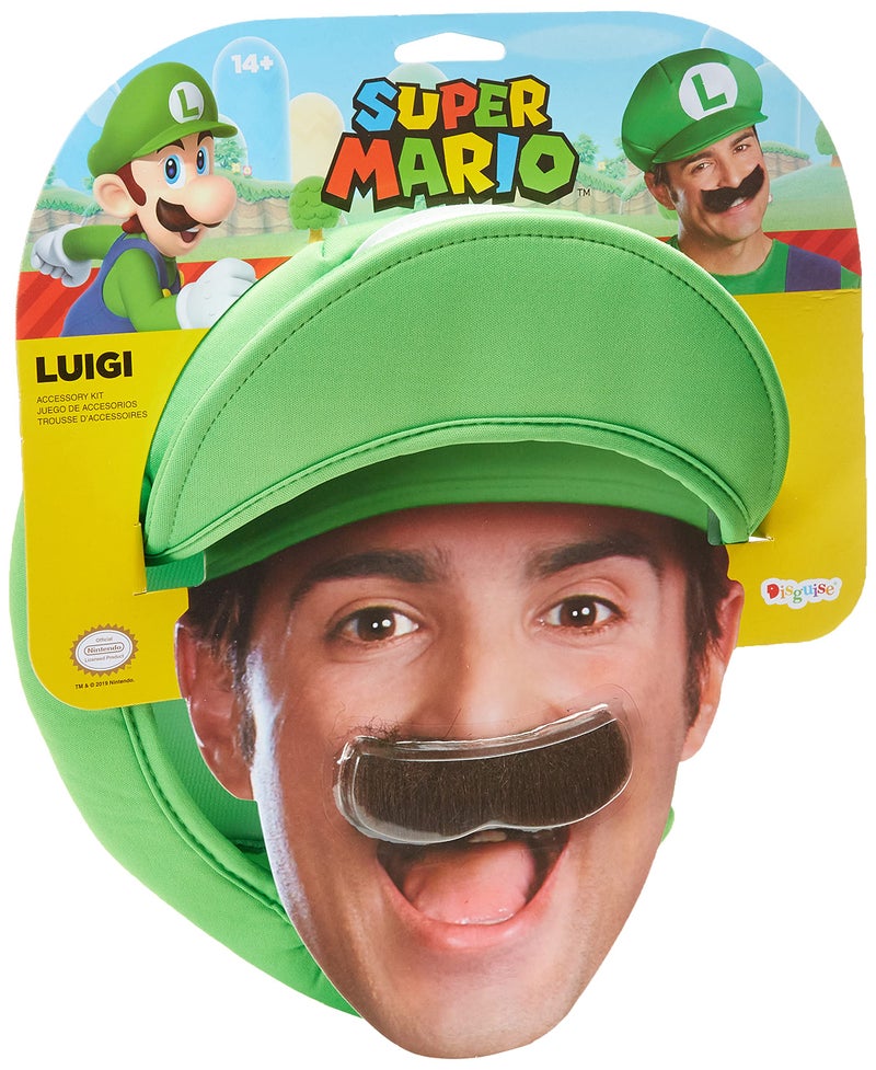 Disguise mens Super Mario Bros. Luigi Adult Hat & Mustache One Size costume accessory sets, Green/White/Brown, Standard US - Image 1