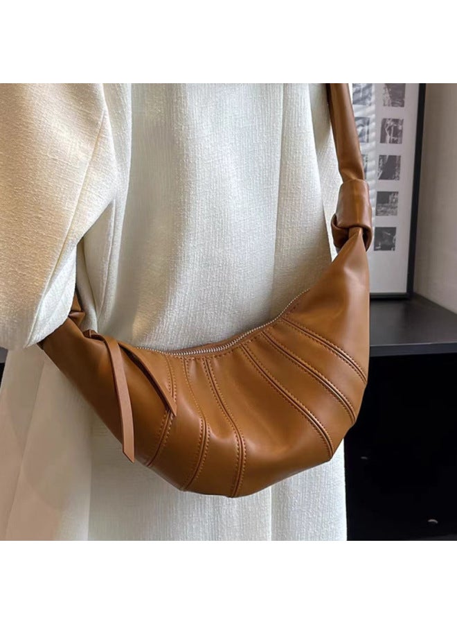 Genuine Leather Croissant Bag Women's 2025 Top Layer Sheepskin Niche Waist Bag Single Shoulder Crossbody Chest Bag Can Praise Dumpling Bag-Colour:Brown  - Image 1