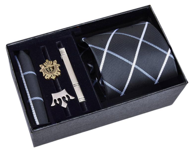 Hiras Fashionable Grid pattern Necktie Suit Gift Box Set（Tie, Pocket Square, Broochs, Tie Clip Set )-Black - Image 1
