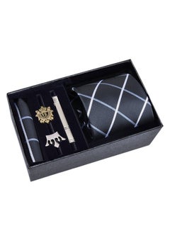 Generic Fashionable Grid pattern Necktie Suit Gift Box Set（Tie, Pocket Square, Broochs, Tie Clip Set )-Black 