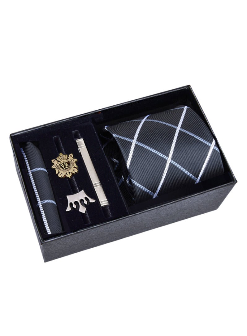 Fashionable Grid pattern Necktie Suit Gift Box Set（Tie, Pocket Square, Broochs, Tie Clip Set )-Black 