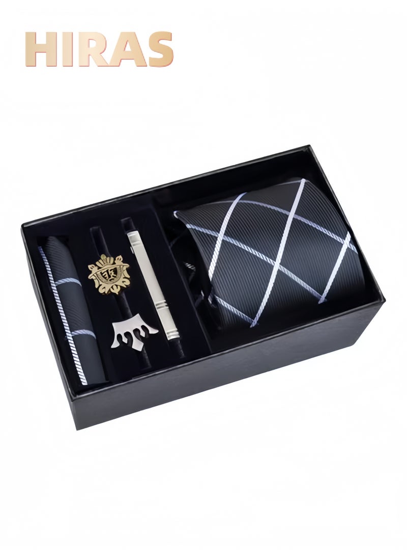 Hiras Fashionable Grid pattern Necktie Suit Gift Box Set（Tie, Pocket Square, Broochs, Tie Clip Set )-Black - Image 1