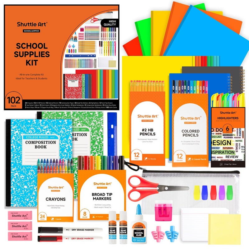 Shuttle Art 102 PCS Back to School Supplies Kit, School Supply Box for Grades K-5, School Supplies for Kids and Students, Including Pencils, Pens, Markers, Erasers, Notebooks, Folders and More - Image 1