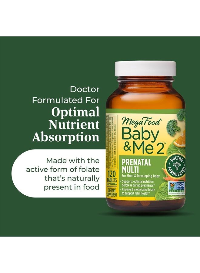 MegaFood Baby & Me 2 Prenatal Multivitamin with Folate (Folic Acid Natural Form), Choline, Iron, Iodine, and Vitamins C, D and more - 60 Tabs (30 Servings) 