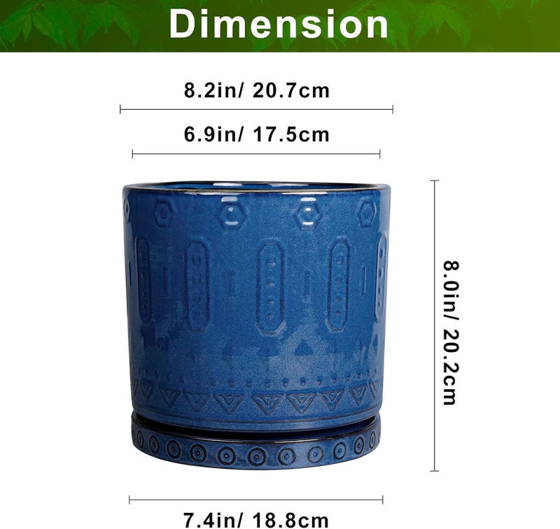 Eightpot Ceramic Planter - 8 Inch Plant Pot Indoor with Drainage Holes and Saucer Round Planter Outdoor Mid-Century Modern Flower Pot Succulent Pot for Home Decor Blue - Image 3