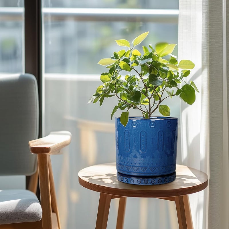 Eightpot Ceramic Planter - 8 Inch Plant Pot Indoor with Drainage Holes and Saucer Round Planter Outdoor Mid-Century Modern Flower Pot Succulent Pot for Home Decor Blue - Image 5
