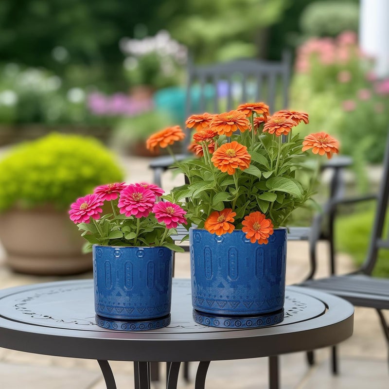 Eightpot Ceramic Planter - 8 Inch Plant Pot Indoor with Drainage Holes and Saucer Round Planter Outdoor Mid-Century Modern Flower Pot Succulent Pot for Home Decor Blue - Image 4