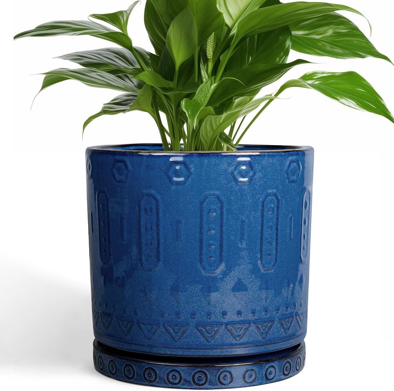 Eightpot Ceramic Planter - 8 Inch Plant Pot Indoor with Drainage Holes and Saucer Round Planter Outdoor Mid-Century Modern Flower Pot Succulent Pot for Home Decor Blue - Image 1