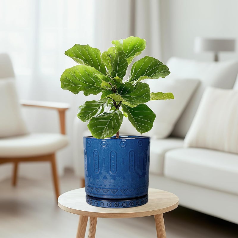 Eightpot Ceramic Planter - 8 Inch Plant Pot Indoor with Drainage Holes and Saucer Round Planter Outdoor Mid-Century Modern Flower Pot Succulent Pot for Home Decor Blue - Image 2
