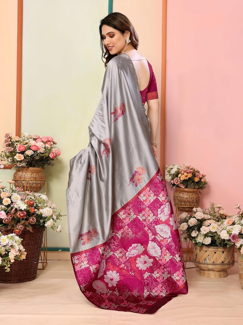Sidhidata Women's Kanjivaram Banarasi Soft Silk Saree with Unstitched Blouse Piece - Grey with Multicolour Pallu - Image 2