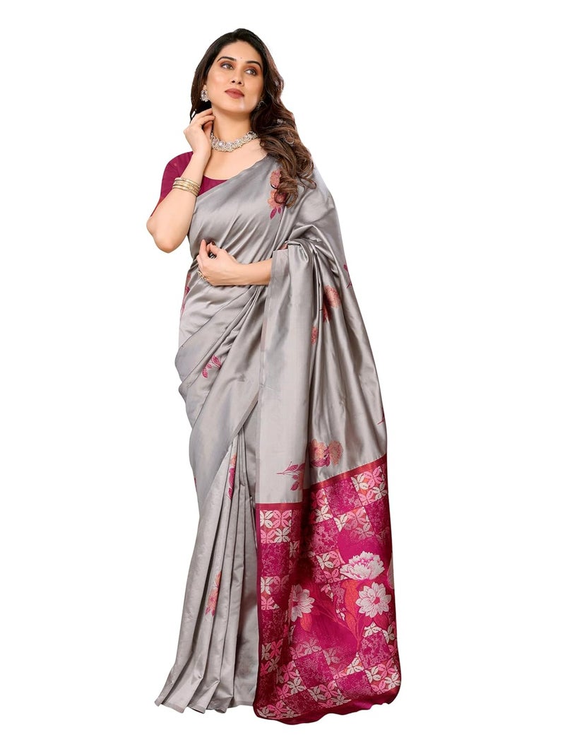 Sidhidata Women's Kanjivaram Banarasi Soft Silk Saree with Unstitched Blouse Piece - Grey with Multicolour Pallu - Image 1