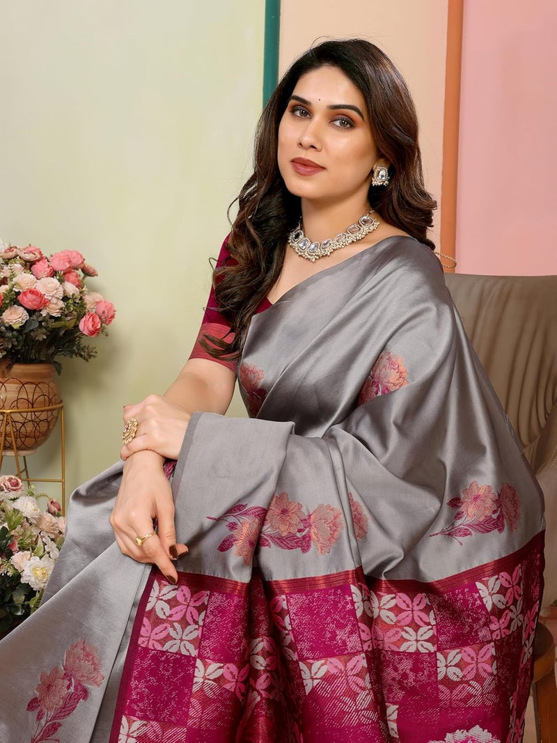 Sidhidata Women's Kanjivaram Banarasi Soft Silk Saree with Unstitched Blouse Piece - Grey with Multicolour Pallu - Image 5