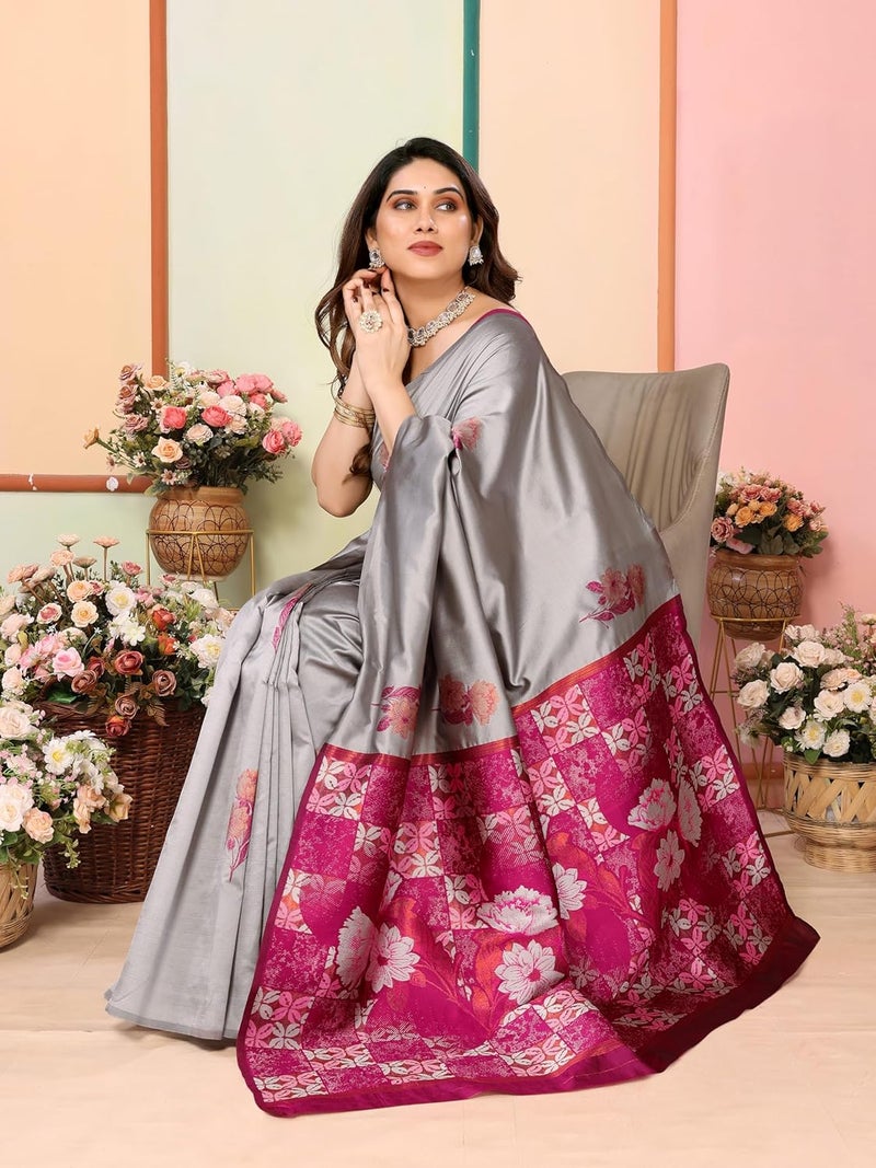 Sidhidata Women's Kanjivaram Banarasi Soft Silk Saree with Unstitched Blouse Piece - Grey with Multicolour Pallu - Image 3