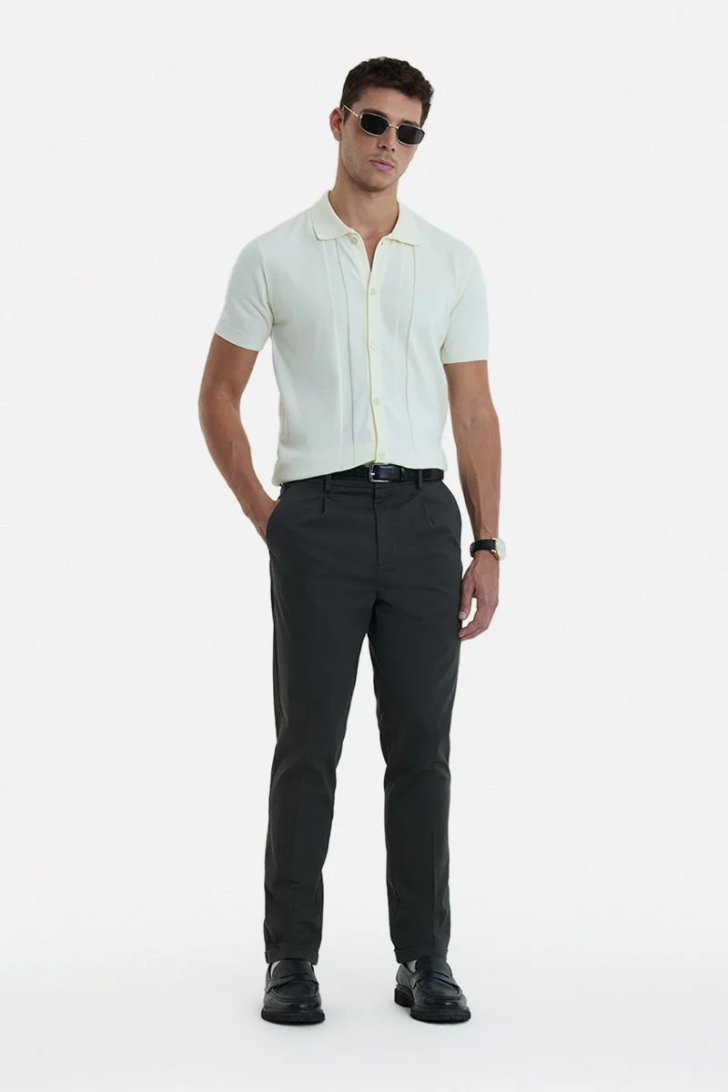 SNITCH Off-White Ribbed Half Sleeve Regular Fit Casual Shirt