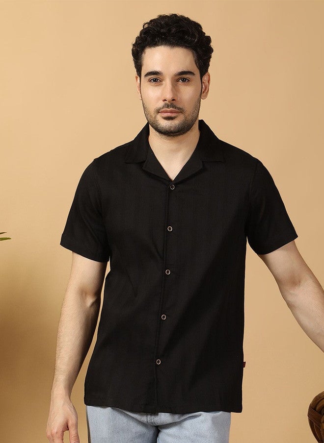 Hence Men's Relaxed Fit Textured Black Casual Shirt with Cuban Collar - Image 1