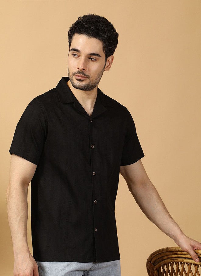 Hence Men's Relaxed Fit Textured Black Casual Shirt with Cuban Collar - Image 3