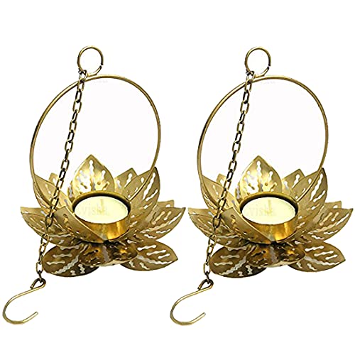 Evisha Golden Polish Metal Lotus Shape Hanging Tealight Holder Diyas for Diwali Festival Home Decor (Lotus 2) - Image 1