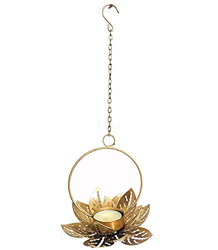 Evisha Golden Polish Metal Lotus Shape Hanging Tealight Holder Diyas for Diwali Festival Home Decor (Lotus 2) - Image 3