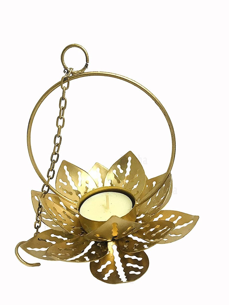 Evisha Golden Polish Metal Lotus Shape Hanging Tealight Holder Diyas for Diwali Festival Home Decor (Lotus 2) - Image 2