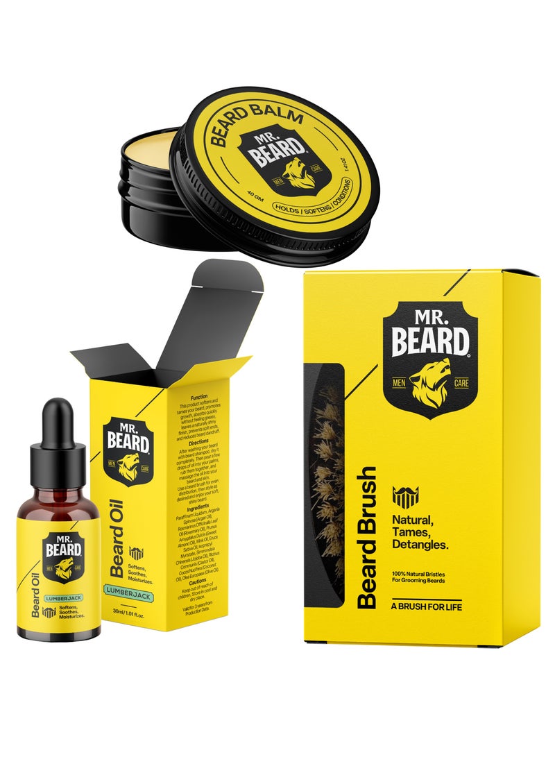 Mr.Beard Complete Beard Care Kit Brush + Balm + Lumberjack Oil for Men - Image 1
