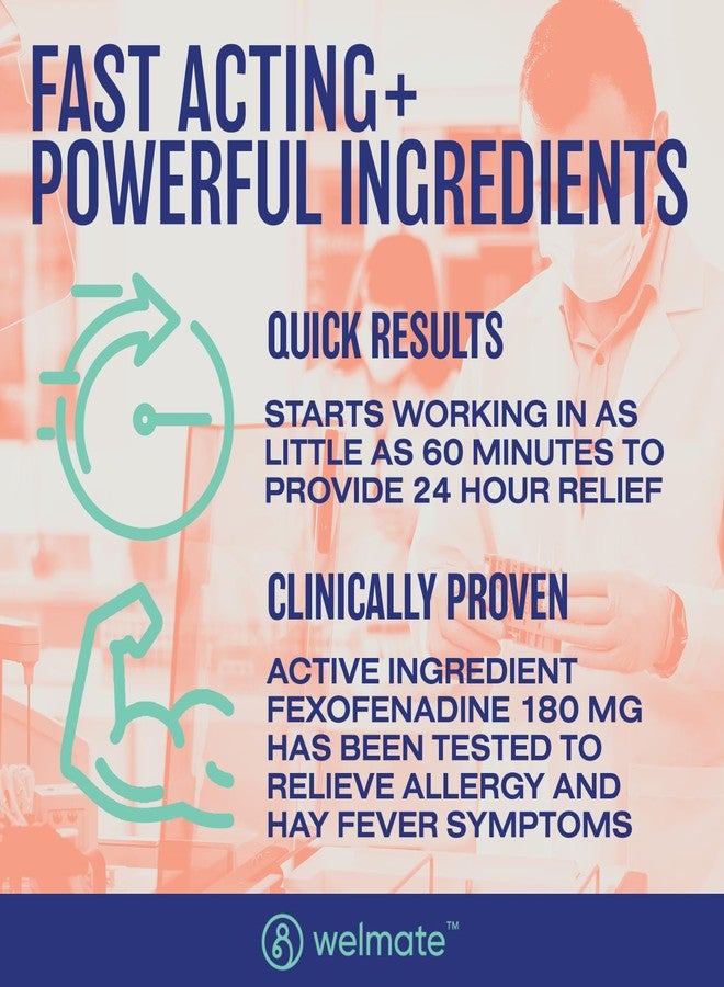 WELMATE | Allergy Relief | Fexofenadine HCl 180 mg | 24 Hour Non-Drowsy Antihistamine | Sneezing | Runny Nose | Itchy Eyes, Nose & Throat | Indoor & Outdoor Allergy Relief Tablets | 200 Count - Image 4