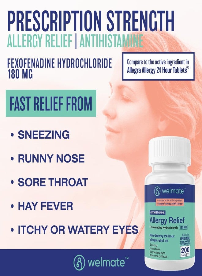 WELMATE | Allergy Relief | Fexofenadine HCl 180 mg | 24 Hour Non-Drowsy Antihistamine | Sneezing | Runny Nose | Itchy Eyes, Nose & Throat | Indoor & Outdoor Allergy Relief Tablets | 200 Count - Image 2