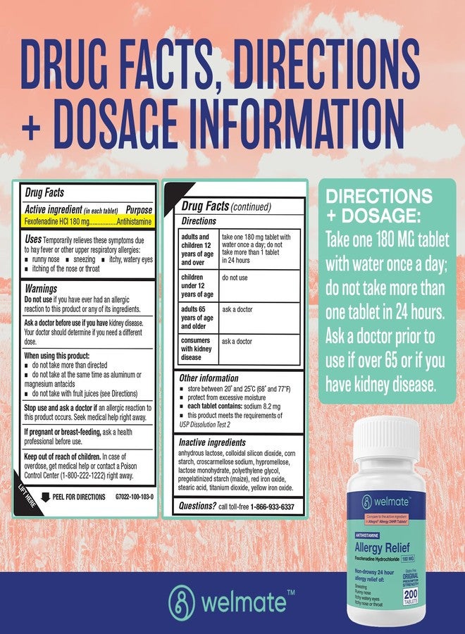 WELMATE | Allergy Relief | Fexofenadine HCl 180 mg | 24 Hour Non-Drowsy Antihistamine | Sneezing | Runny Nose | Itchy Eyes, Nose & Throat | Indoor & Outdoor Allergy Relief Tablets | 200 Count - Image 5
