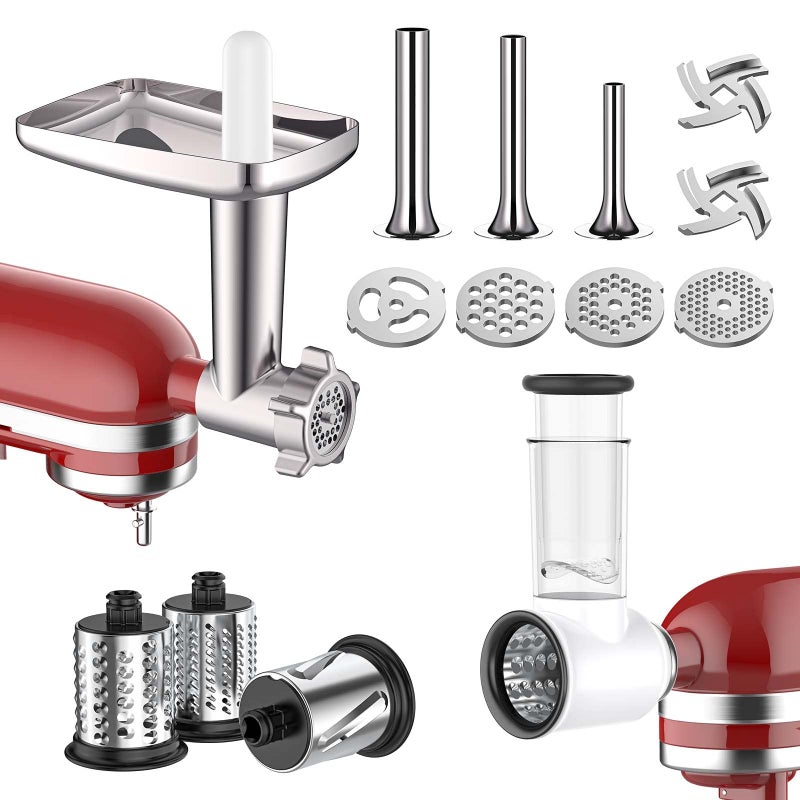 Meat Grinder  Slicer Shredder Attachments for KitchenAid Stand Mixer Meat Grinder with Sausage Stuffer Tubesand and Slicer Shredder Set 2 Pcs Attachment Set for KitchenAid Mixers By Cofun
