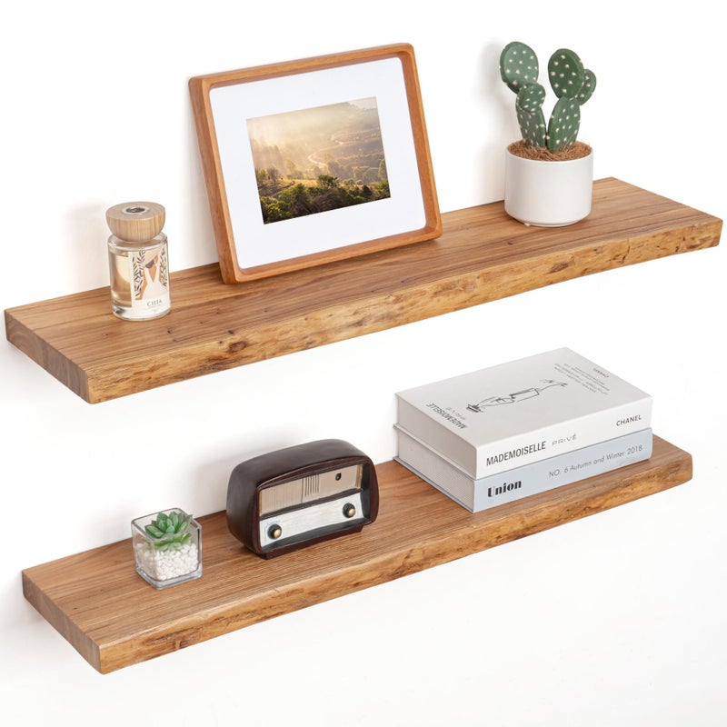 FLYJOE Floating Shelves for Wall Decor, Rustic Solid Elm Wood Live Edge Floating Shelves Wall Mounted, Wall Shelves with Invisible Bracket for Living Room Bathroom Bedroom Kitchen, 32 Inch Set of 2, Natural - Image 1