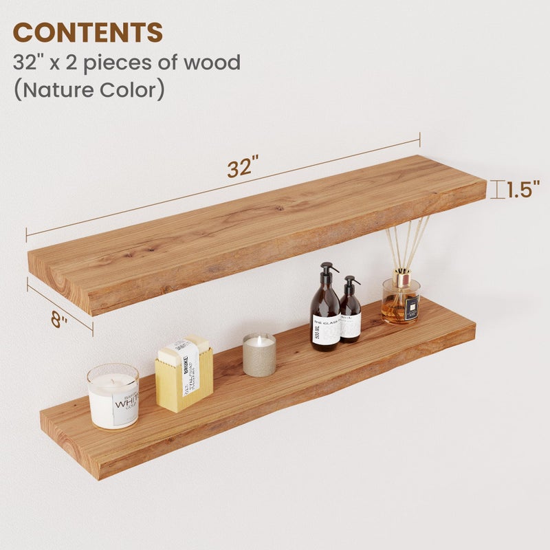 FLYJOE Floating Shelves for Wall Decor, Rustic Solid Elm Wood Live Edge Floating Shelves Wall Mounted, Wall Shelves with Invisible Bracket for Living Room Bathroom Bedroom Kitchen, 32 Inch Set of 2, Natural - Image 2