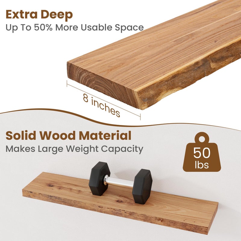 FLYJOE Floating Shelves for Wall Decor, Rustic Solid Elm Wood Live Edge Floating Shelves Wall Mounted, Wall Shelves with Invisible Bracket for Living Room Bathroom Bedroom Kitchen, 32 Inch Set of 2, Natural - Image 5