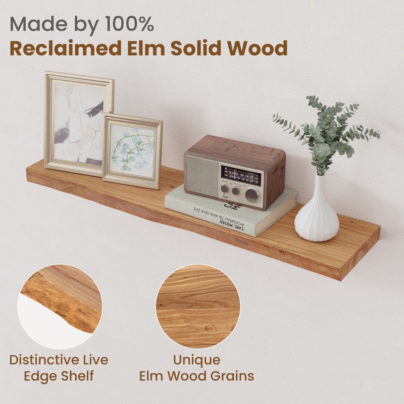 FLYJOE Floating Shelves for Wall Decor, Rustic Solid Elm Wood Live Edge Floating Shelves Wall Mounted, Wall Shelves with Invisible Bracket for Living Room Bathroom Bedroom Kitchen, 32 Inch Set of 2, Natural - Image 3