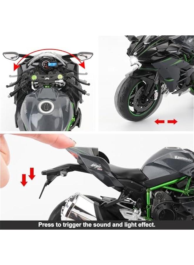 متوافق مع نموذج دراجة نارية كاواساكي نينجا H2R مصبوب بمقياس 1:12، نظام تعليق وبكرة حرة، سيارة لعبة، مجموعة دراجات نارية، هدية باللون الأسود - Image 3