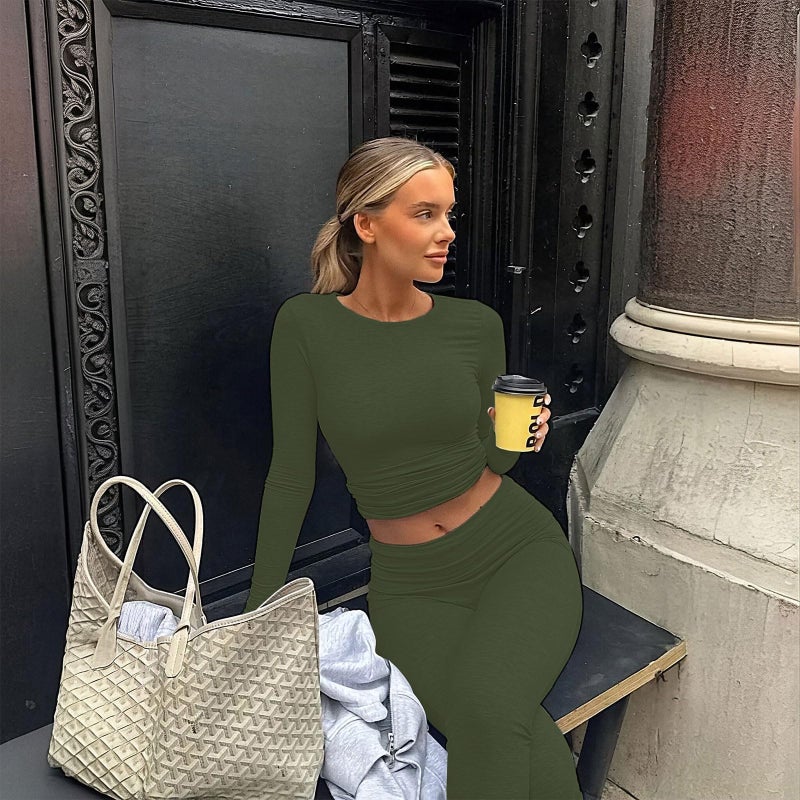TNNZEET Army Green Long Sleeve Shirts for Women Basic Soft Tees Fashion Crop Tops Fall Spring Y2K Tight Clothes for Casual Workout 2026 - Image 2