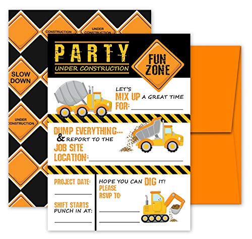 Pink Pixie Studio Deluxe Construction Dump Truck Birthday Party Invitations for Boys 20 Double Sided Large 5 x 7 Flat Fill In Invites with Orange Envelopes Kids Party Supplies - Image 1