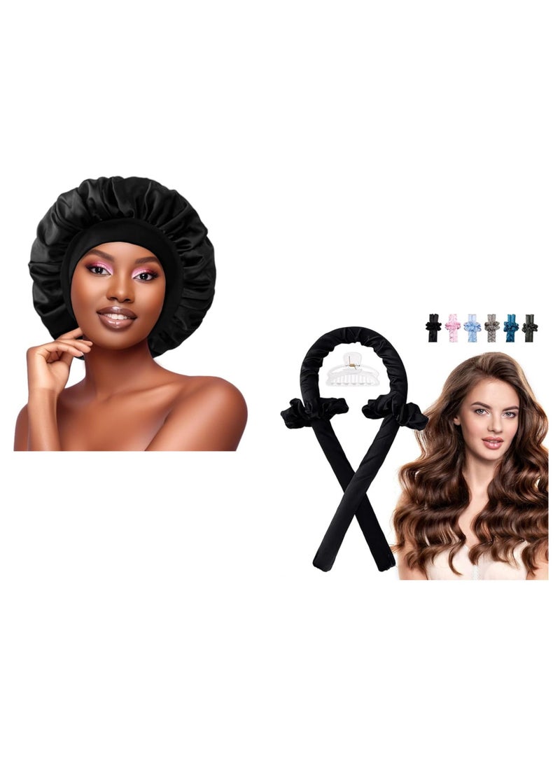 Elegant Silk Sleep Bonnet for Women, Single Layer Satin Fabric, High-Tech Care, Can Be Worn While Sleeping, Plus Sponge Headband for Heatless Curling at Night for a Gorgeous Natural Look, Black - Image 1