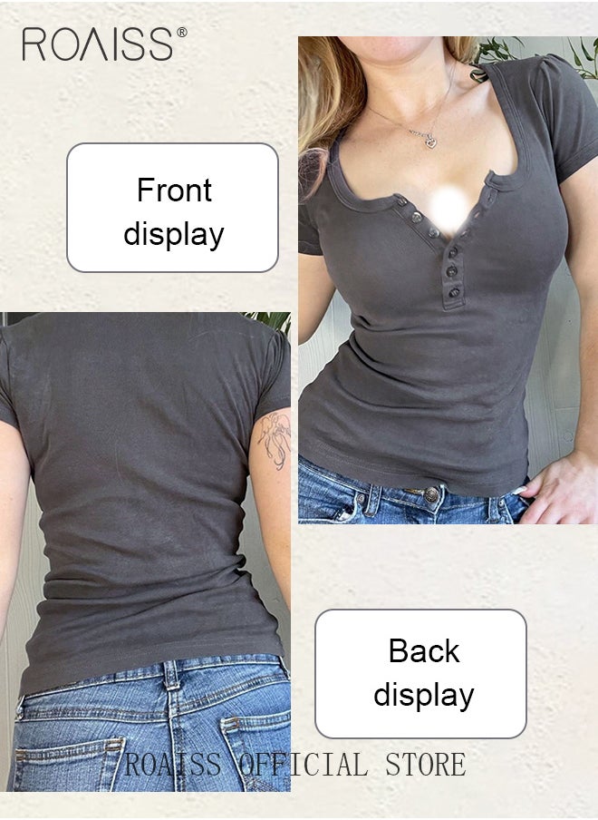 roaiss - Women Fitted Short Top Solid Color Design with Body Hugging Fit Figure Flattering Silhouette with Button Fastening and Delicate Embellishments Casual and Stylish Round Neck Base Layer Shirt - Image 1