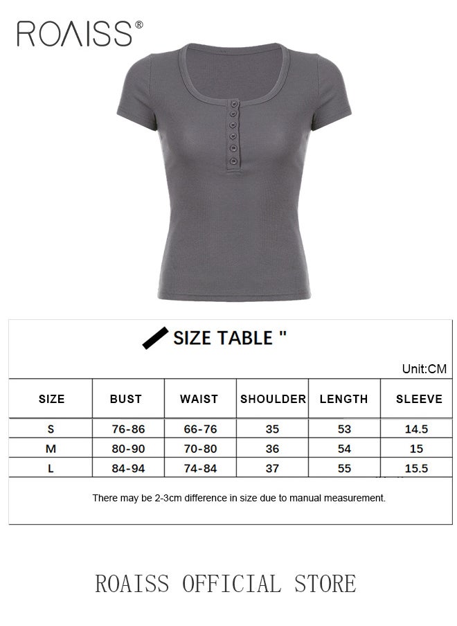 roaiss - Women Fitted Short Top Solid Color Design with Body Hugging Fit Figure Flattering Silhouette with Button Fastening and Delicate Embellishments Casual and Stylish Round Neck Base Layer Shirt - Image 1