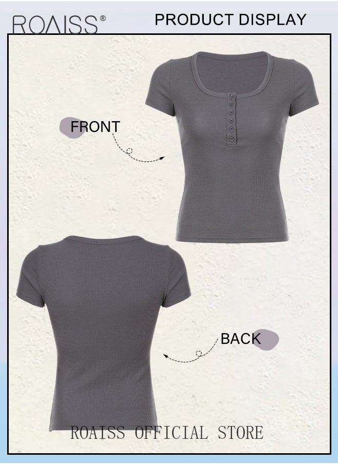 roaiss - Women Fitted Short Top Solid Color Design with Body Hugging Fit Figure Flattering Silhouette with Button Fastening and Delicate Embellishments Casual and Stylish Round Neck Base Layer Shirt - Image 1