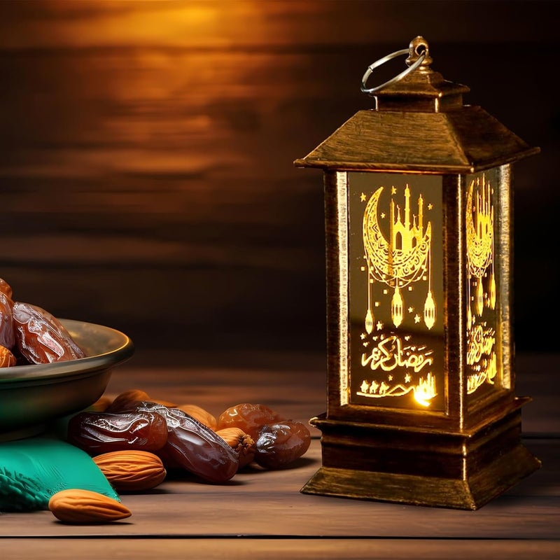 Glodecart 2 قطعة فانوس رمضان، قلعة صغيرة قمرية بنية داكنة، إضاءة LED، غير مقاوم للماء، ديكور المنزل، عيد مبارك، تركيب على الطاولة. - Image 3