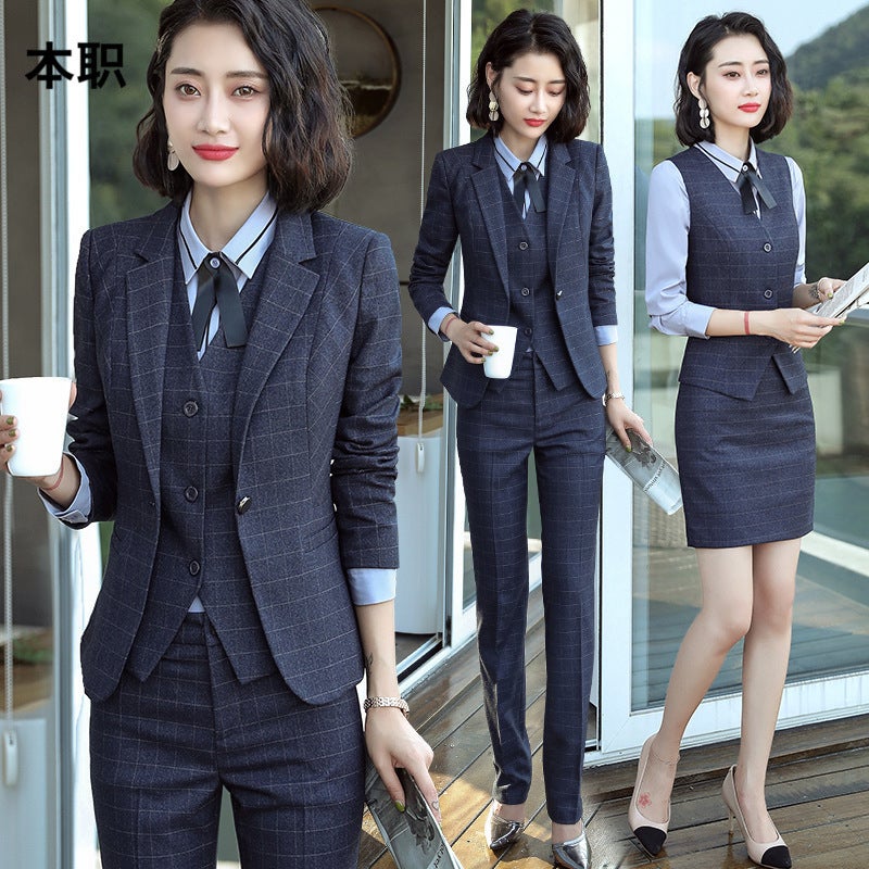 [Striped suit] Plaid Long Sleeve Suit Dress Womens Autumn and Winter Business Suit Womens Suit Hotel Work Suit 1001 Lange Vest 