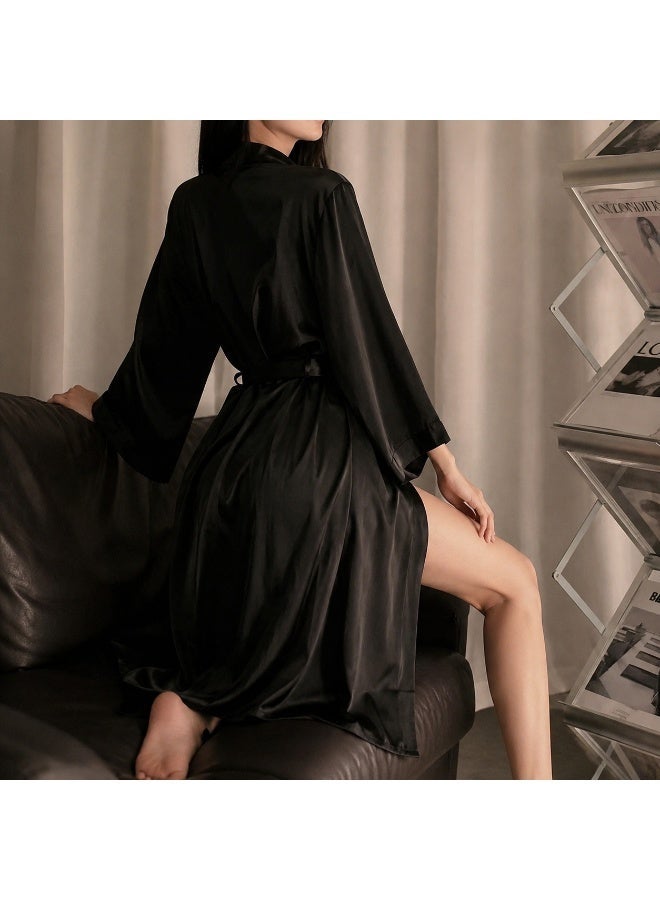 VEYRA Luxury Black Satin Sleepwear Set — Elegant Robe with Printed Camisole Dress & Matching Socks - Image 2